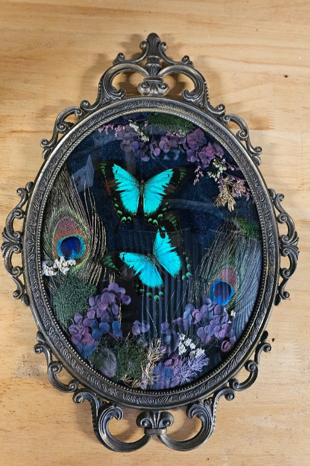Brass Vintage Italian Gothic frame with Sea-Green Swallowtail butterflies