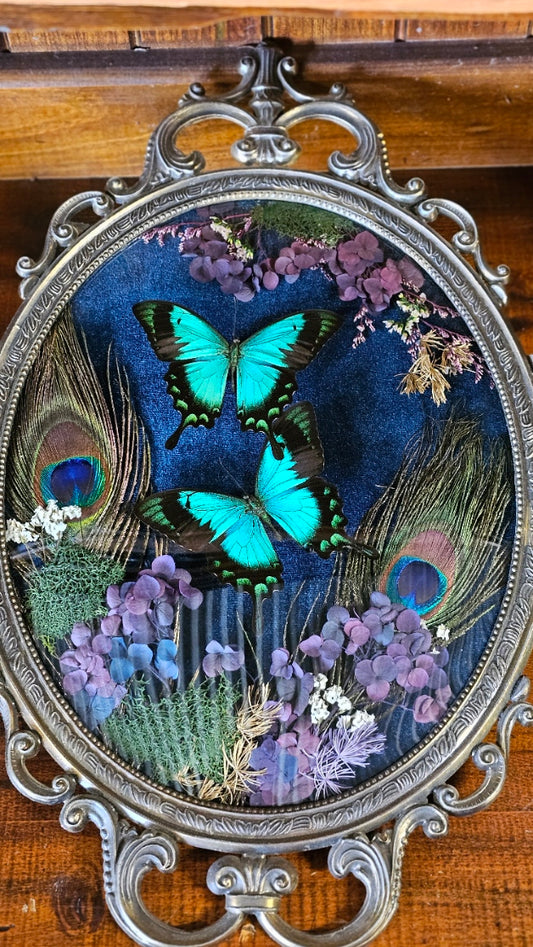 Brass Vintage Italian Gothic frame with Sea-Green Swallowtail butterflies