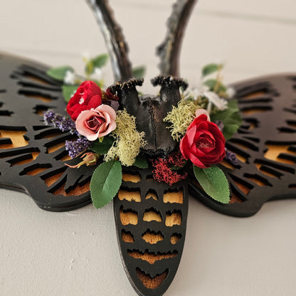 Roe deer antler on Death-head moth frame -  with dried flowers, crystal, moss and charms