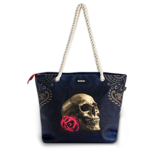 Gothic Rose Skull Navy Shoulder Beach Bag