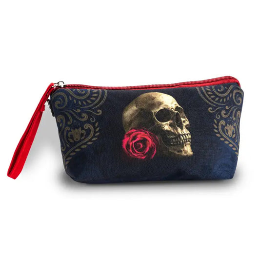 Gothic Rose Skull Navy Makeup Bag