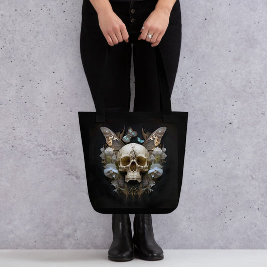 Dead Fairy Tote Bag - White skull, butterflies and flowers