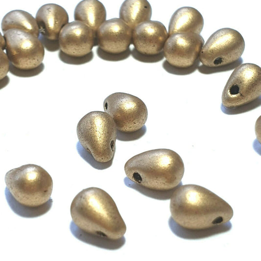 Czech glass beads - Tear drops x 50, Metallic Gold Flax, 6x4 mm