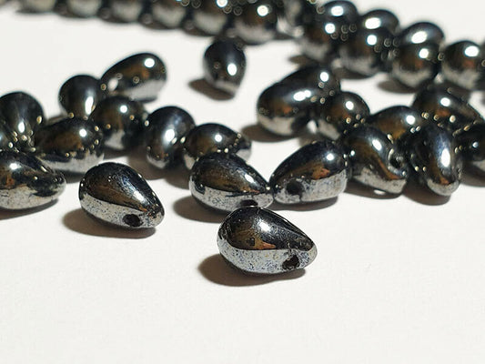 Czech glass beads - Tear drops x 50, Metallic Hematite, 6x4 mm