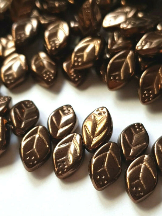 Czech glass Leaf beads - x 25, Metallic Dark Bronze, 12x7mm, fire polished