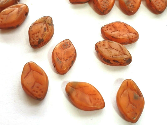 Czech glass Leaf beads - x 25, Picasso Orange, 12x7mm, fire polished
