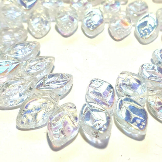 Czech glass Leaf beads x 25 clear Crystal AB, 12x7mm, fire polished