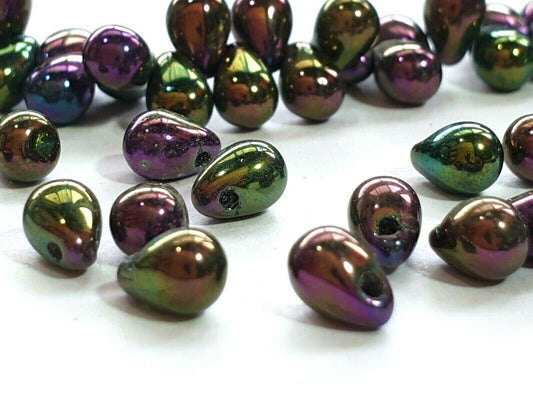 Czech glass beads - Tear drops x 50, Metallic Iris Purple, 6x4 mm