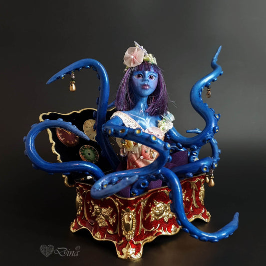 Octopus Art Doll blue - fantasy OOAK art doll in jewelry box