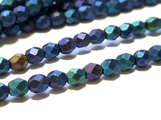 Czech glass beads - 4mm Round x 50, Metallic Matte Iris Blue, fire polished