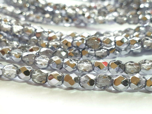 Czech glass beads - 4mm Round x 50, Silver Lavender, fire polished