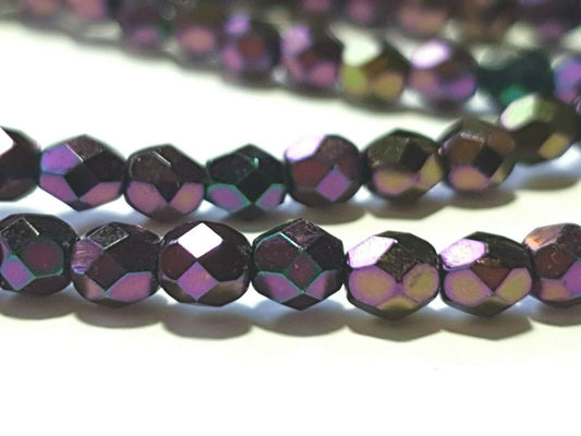 Czech glass beads - 4mm Round x 50, Metallic Iris Purple, fire polished