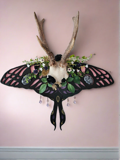 Roe deer antler on Lunar moth frame -  crystalised with gemstones & faux flowers